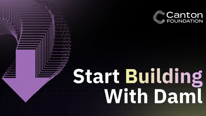 The image features a poster with an arrow pointing down, which reads "Start Building With Daml". The poster also includes text that says "Canton'S unified developer documentation is now live with a full walkthrough from @CantonFdn" and "Focus on what is in the image and how it relates to the post.". This suggests that the poster is promoting a new software package called "Daml", which can be used for building smart contracts, and encourages users to learn more about it by following the provided instructions.