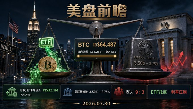 A financial graphic titled "美盘前瞻" (US Market Preview) showing a balance scale comparing BTC (~$64,487) and the Federal Reserve (3.50%-3.75%), dated 2026.07.30, with various market indicators at the bottom.