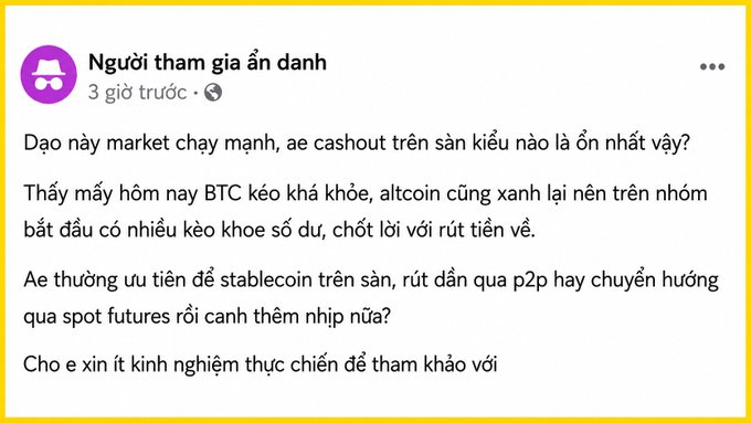 A Facebook post in Vietnamese discussing crypto market strategies, asking for recommendations on which exchange to cashout on and preferred stablecoin withdrawal methods.