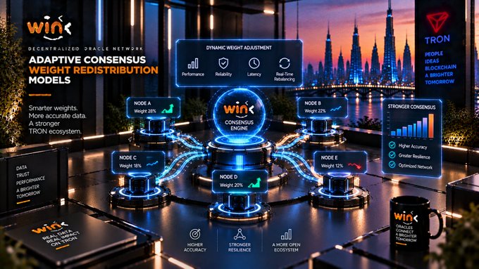 A futuristic promotional graphic for 'win' Decentralized Oracle Network featuring 'Adaptive Consensus Weight Redistribution Models' with a 'Consensus Engine' connecting to Node A through Node E, set against a city skyline with the TRON logo and tagline 'Decentralized Oracle Network. People Ideas Blockchain. A Brighter Tomorrow.'
