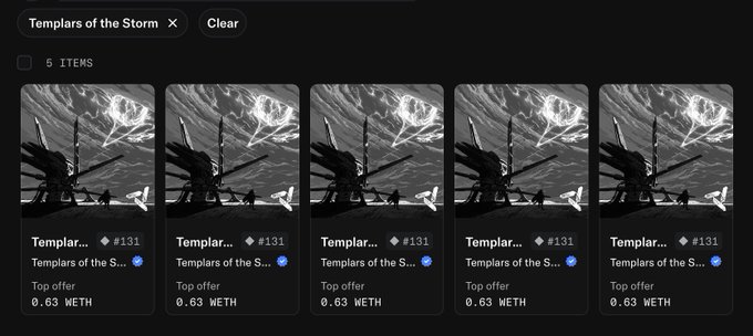 A digital marketplace interface showing 5 NFT items for sale, each titled 'Templars of the Storm,' priced at 0.63 WETH with #131, displayed in a dark-themed gallery view.