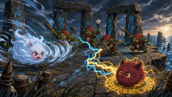 A fantasy illustration showing cute fluffy cats battling goblins at Stonehenge, with one cat using ice/wind powers and another casting lightning spells.