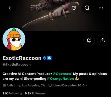 A Twitter profile page for 'ExoticRaccoon' shows a cartoon raccoon avatar, bio describing as 'Creative AI Content Producer @Opensea' based in Los Angeles with 1.1K Following and 9.2K Followers.