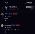 A dark-themed app screenshot showing crypto trading activity including a CLAWED token trade, an x2earn claim for 0.00500$, and a recently visited Solana Cursed coin page.