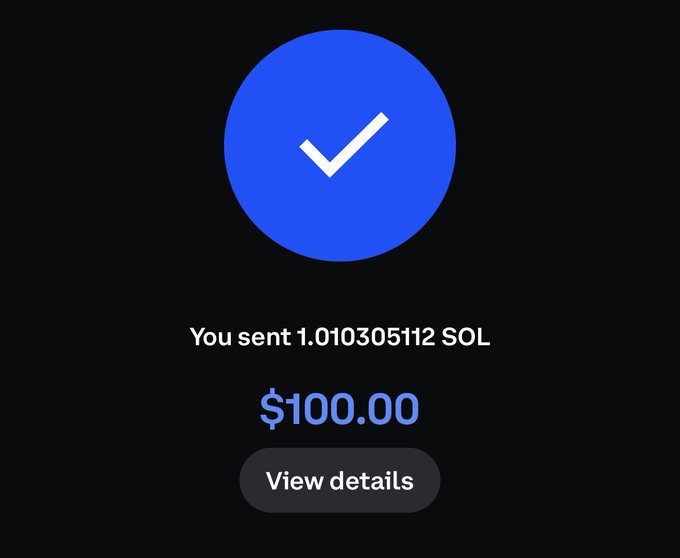 A mobile transaction confirmation screen with a blue checkmark showing 'You sent 1.010305112 SOL' valued at '$100.00', with a 'View details' button.