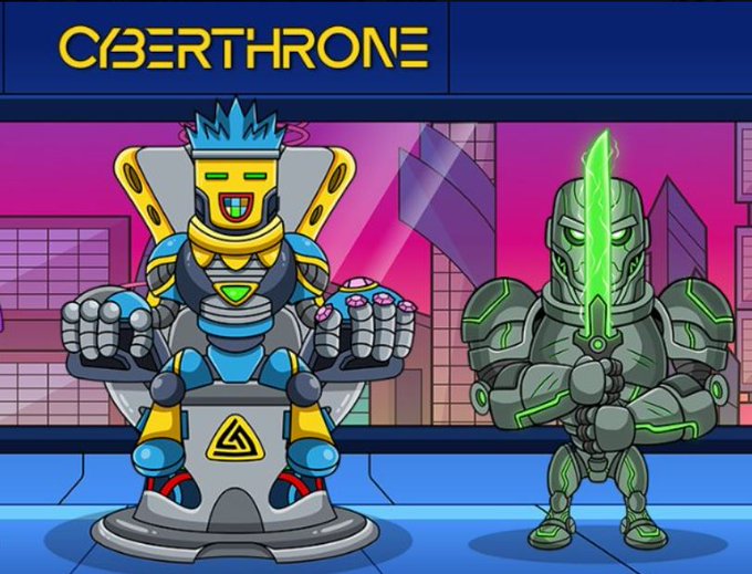 A title screen for a game called 'CYBERTHRONE' shows a blue and yellow robot sitting on a throne beside a green armored knight holding a glowing sword.