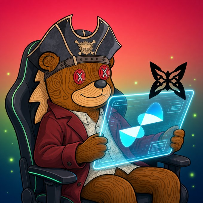 A digital illustration of a pirate-themed teddy bear wearing a tricorn hat with a skull emblem and X-marked eye buttons, sitting in a gaming chair and holding a glowing holographic tablet with a butterfly icon, set against a red-to-teal gradient background with a black butterfly silhouette.