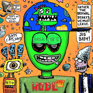 A colorful cartoon illustration featuring a green-headed character wearing a cap with 'Eddie' on it, surrounded by other quirky characters and text including 'HODL' and 'GATHER ALL ORDINAL DEBRIS WE MUST LEAVE'.