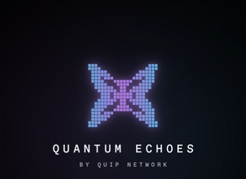 Logo art featuring a pixelated purple and blue X design with the text 'QUANTUM ECHOES BY QUIP NETWORK' on a dark background.