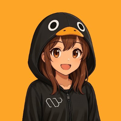 The image features a girl wearing a black hoodie with a penguin design on her head. She has brown hair and is smiling at the camera. The background of the image is yellow, which contrasts with the girl's outfit. There are no texts or other objects in the image, but it appears to be a simple and straightforward composition focused on the girl and her unique penguin-themed hoodie.