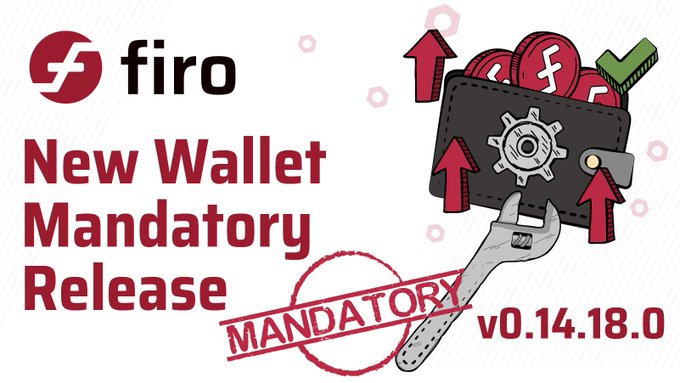 A promotional graphic for Firo announcing a "New Wallet Mandatory Release" version v0.14.18.0, featuring the Firo logo alongside an illustration of a wallet with coins, gears, and a wrench. The "MANDATORY" stamp highlights the image's emphasis on the urgent wallet update required for the hard fork activating at block 1,371,000.