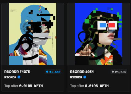 Two NFT listings from the R3ORDR collection are displayed: item #4075 with a yellow background and #964 with a blue background and 3D glasses, both showing top offers of 0.0198 WETH.