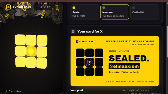 A screenshot of a Fungo Labs interface showing 'The first encrypted NFTs on Ethereum' built with FHE on Zama, with a card displayed showing 'SEALED.' for '@elina8761' with the status 'In review. Picked by hand.'
