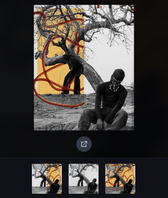 A black-and-white art photo of two figures near a gnarled tree, accented with orange/red swirling lines, shown as the main image with filter variations below in a photo editing app interface.
