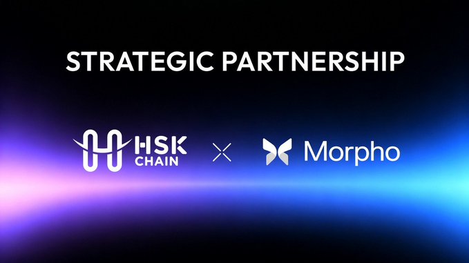 A graphic announcing a 'STRATEGIC PARTNERSHIP' between HSK CHAIN and Morpho, displayed against a dark background with purple and blue light streaks.