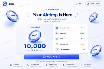 The image displays a webpage about an Airdrop that promotes a 10,000 Base tokens as the minimum requirement for participation. The webpage also includes information regarding how to claim your tokens. In addition, there are references related to the original Base platform, such as a "base native token" on GitHub and a "token transfer logic already being".