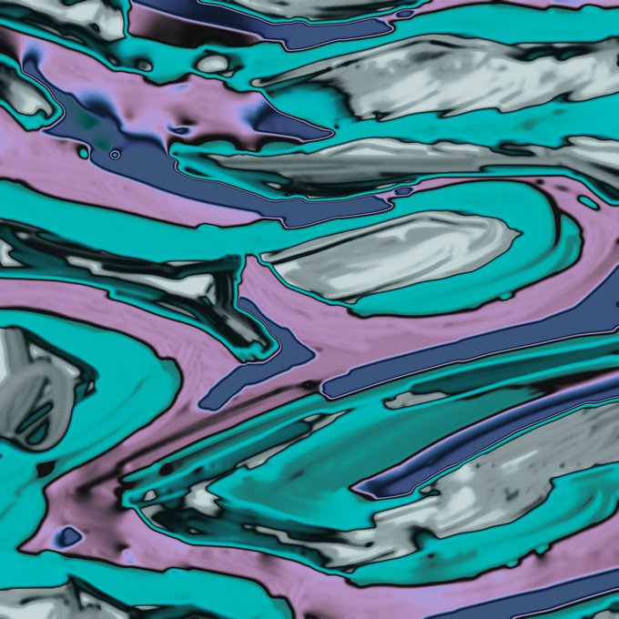 Digital abstract artwork with swirling, liquid-like patterns in turquoise, pink, blue, and grayscale tones.