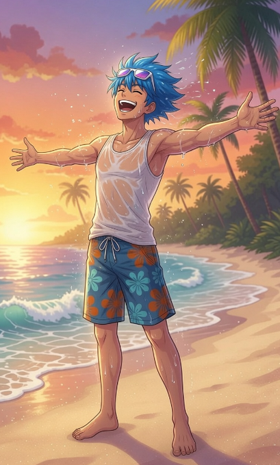 Anime-style illustration of a joyful blue-haired boy with sunglasses on his head, arms outstretched, wearing a white tank top and floral swim shorts on a tropical beach at sunset.