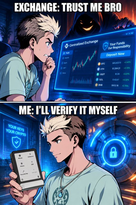A two-panel anime-style meme about cryptocurrency. The top panel is labeled 'EXCHANGE: TRUST ME BRO' showing a panicked character looking at a 'Centralized Exchange' screen. The bottom panel is labeled 'ME: I'LL VERIFY IT MYSELF' showing a confident character looking at a hardware wallet screen with 'YOUR KEYS YOUR CRYPTO' on the wall behind him.