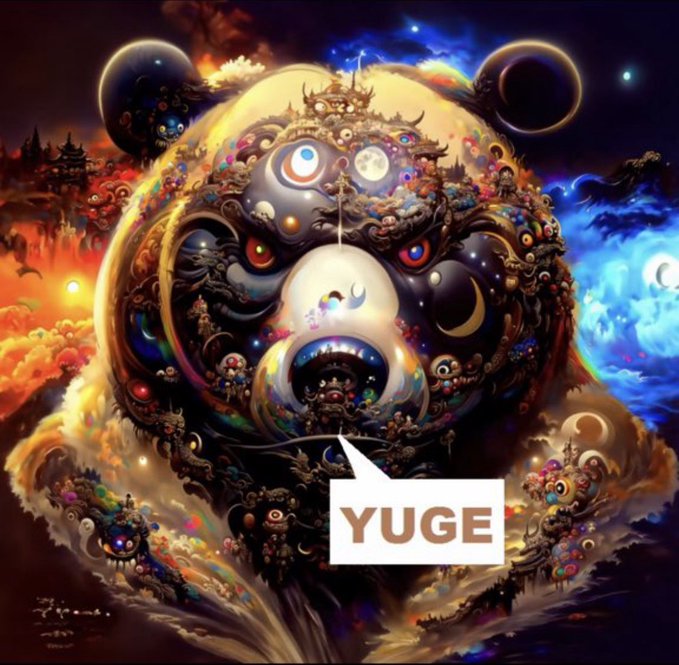 A surreal, psychedelic digital artwork featuring a complex circular design with eyes, crescent moons, and ornate structures, overlaid with a speech bubble containing the text 'YUGE'.