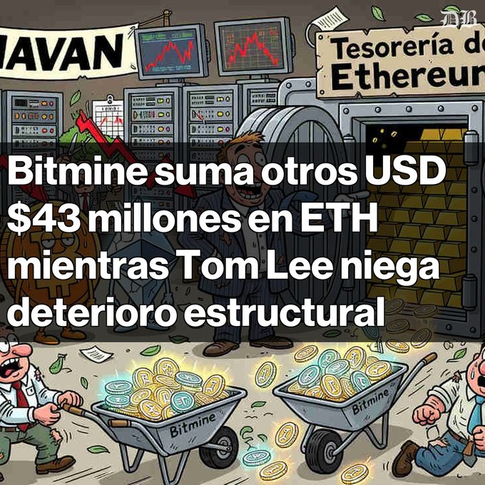 A Spanish-language cryptocurrency news graphic featuring cartoon imagery of a treasury vault with the headline "Bitmine suma otros USD $43 millones en ETH mientras Tom Lee niega deterioro estructural."