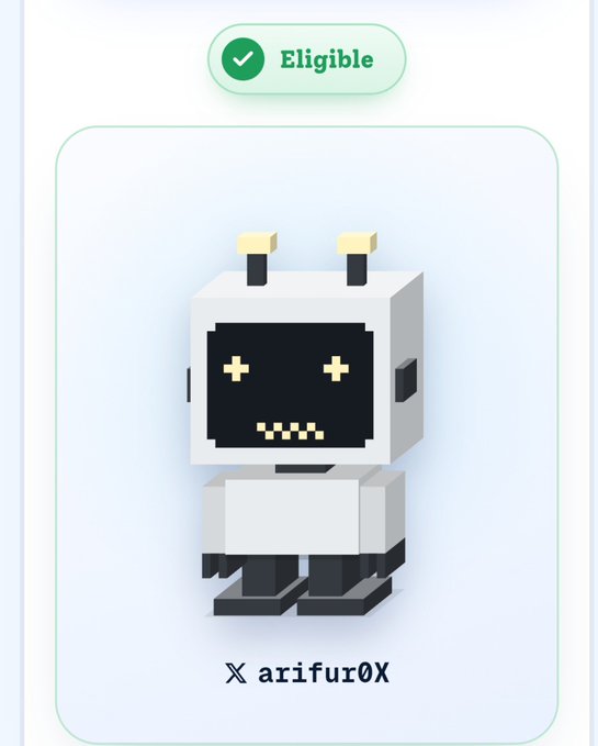 An 'Eligible' status card displaying a 3D pixelated robot character with the handle 'arifur0X' on a light blue background.