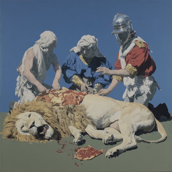 The image features a painting of a lion lying down with its head turned towards the viewer, surrounded by three people dressed in medieval clothing who appear to be working on or around the animal. The painting depicts a scene from the past where the lion is being prepared for a feast or a ritualistic event. The art style and color palette suggest that it could be an oil painting, possibly signed by the artist.