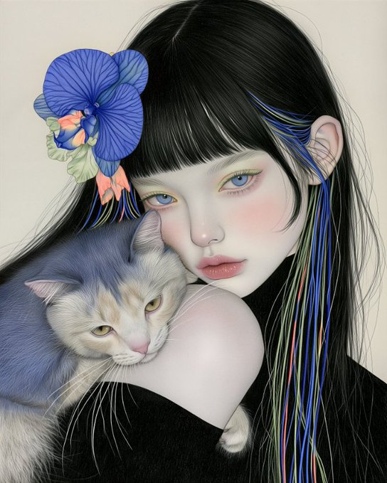 An illustration of a pale girl with long black hair, blue flower hair accessory, and colorful streaks embracing a fluffy cat.