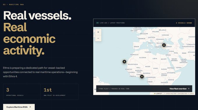 Website section titled 'Real vessels. Real economic activity.' for Maritime RWA by Ethra, featuring a map of Europe and Africa showing live vessel locations, noting '3 operational vessels' and '1st DNA pilot in development' for Ethra 4.
