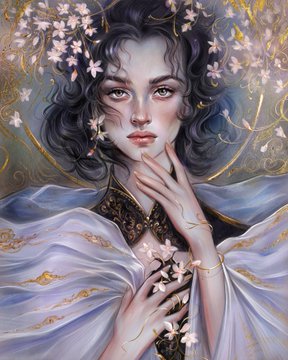 A digital fantasy illustration of an elegant woman with dark hair adorned with white blossoms, wearing flowing pale blue and white robes with gold accents, holding delicate flowers in her hand.