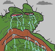 A cartoon illustration of a green, frog-like creature with drooping eyes crying heavily, its face covered in streams of tears.