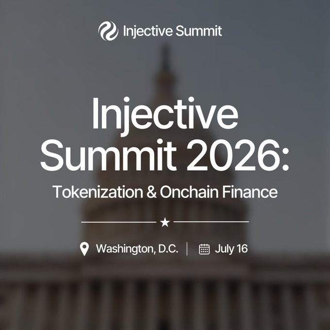 A promotional graphic for 'Injective Summit 2026: Tokenization & Onchain Finance' taking place in Washington, D.C. on July 16, with a blurred image of the U.S. Capitol dome in the background.