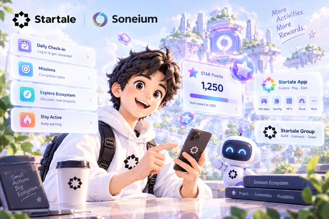 A digital promotional graphic for 'Startale' on the 'Soneium' platform features a stylized young man pointing at a smartphone, surrounded by floating UI elements displaying 'STAR Points 1,250' and activity options like 'Daily Check-in' and 'Missions'.