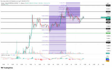 A TradingView candlestick chart for BTC/USDT displaying Fibonacci retracement levels and a MACD indicator at the bottom.