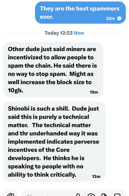 A text message conversation discussing spam on a blockchain, mentioning miners being incentivized to allow spam and criticism of someone named Shinobi.