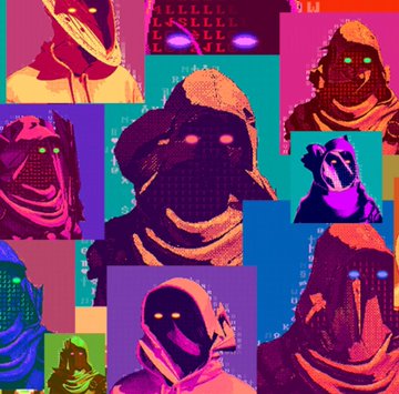 A colorful, dithered collage of mysterious hooded figures with glowing pink/orange eyes and masked faces in varied purple, blue, and magenta tones.