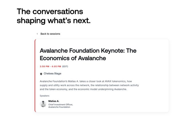 The image shows a session listing for the "Avalanche Foundation Keynote: The Economics of Avalanche" featuring Matias A., Chief Investment Officer of the Avalanche Foundation, scheduled for 3:50 PM - 4:05 PM EDT on the Chelsea Stage. The post and image align, as both highlight Matias A.'s upcoming speaking appearance at the Avalanche Summit where he will discuss AVAX tokenomics, network supply and utility, and the relationship between network activity and the token economy.