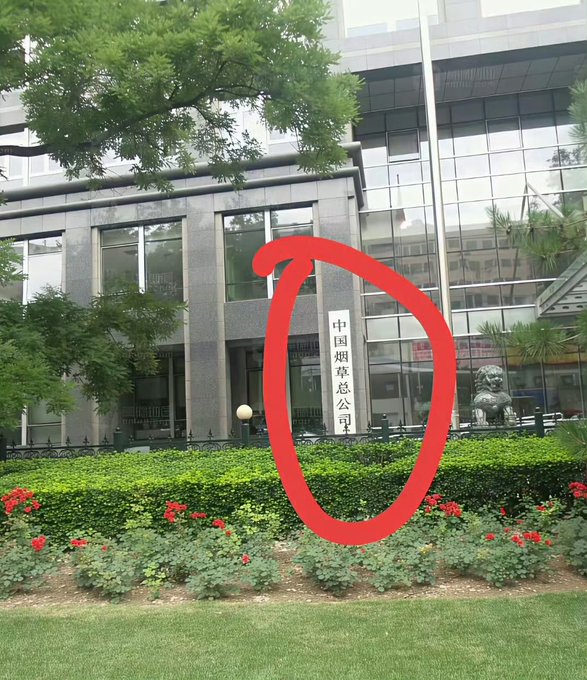 A photograph of a corporate building with Chinese signage reading "中国烟草总公司" (China National Tobacco Corporation). A red circle has been digitally drawn around the signage, and a stone lion statue is visible near the entrance.