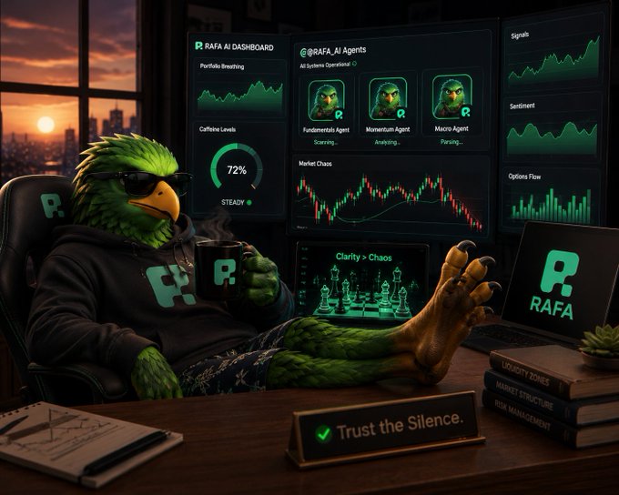 A digital illustration of an anthropomorphic bird character wearing sunglasses and a black hoodie with an 'R' logo, sitting at a desk monitoring a 'RAFA AI DASHBOARD' with various trading charts and agents, with a caption reading 'Trust the Silence.'