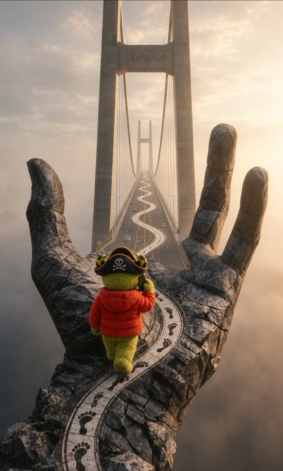 A small figure walks along a path of footprints atop a giant stone hand, heading toward a glowing laptop with the text "Open to Opportunities" on its screen, symbolizing that one's career or future in Web3 is shaped by personal choices. The scene visually echoes the post's message about owning your path and building your own opportunities in the space.