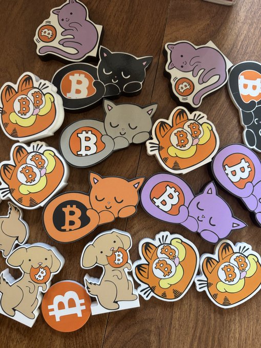 A collection of stickers featuring cartoon cats and dogs in various colors, many holding or paired with orange Bitcoin (₿) symbols, scattered on a wooden surface.