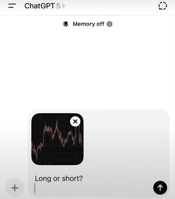 A screenshot of ChatGPT 5 showing an uploaded chart image and the user prompt 'Long or short?', with 'Memory off' displayed at the top.