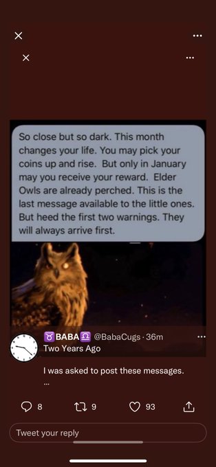 A screenshot of a tweet from @BabaCugs featuring a cryptic message about January rewards and 'Elder Owls,' accompanied by an image of an owl.