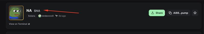 The image shows a screenshot of a token on the Pump.fun platform with the ticker "NA SNA" (a green pickle-like meme), posted by user "modevvv0" on the Solana blockchain 6 days ago, with the contract address "Ai66...pump." This relates to the post's warning that Pump.fun has removed a reported asset due to trademark infringement, suggesting "NA SNA" may be one such infringing token tied to the protected $CATE/CATECOIN intellectual property.