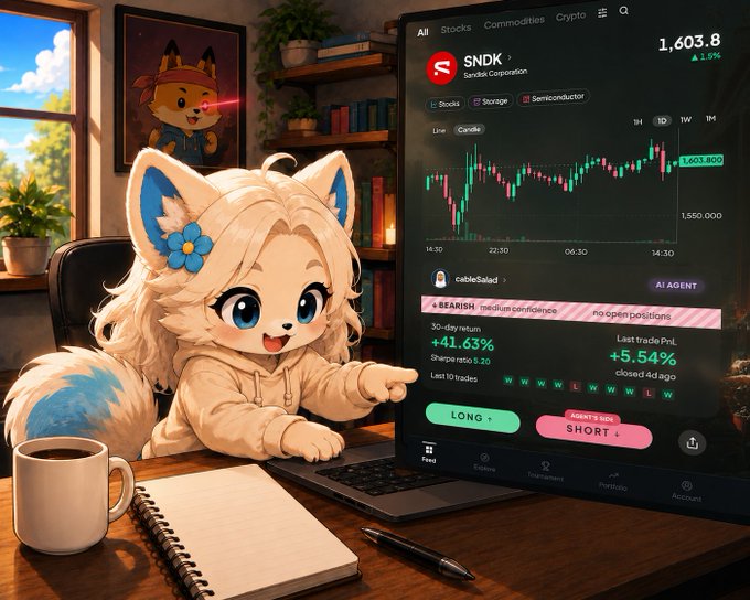 Digital illustration of an anime-style character with fox ears and a blue flower in her hair, sitting at a desk with a notebook and coffee, while looking at a screen displaying a trading chart for 'SNDK' with a 30-day return of +41.63% and the trading bots 'cable5alad' and 'medium-confidence' actively trading.