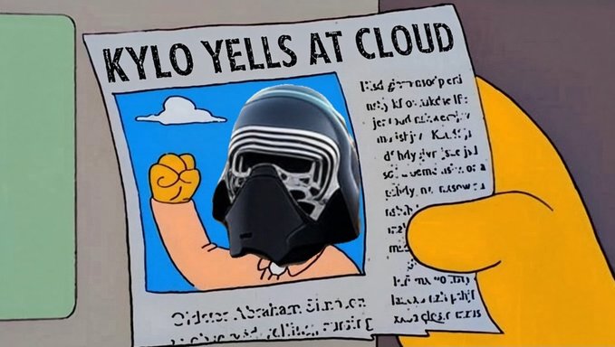 A Simpsons-style cartoon parody newspaper showing Homer Simpson wearing a Kylo Ren helmet from Star Wars with the headline 'KYLO YELLS AT CLOUD'.