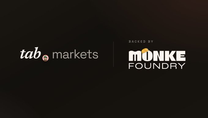 A promotional graphic displaying 'tab markets' logo alongside 'BACKED BY MONKE FOUNDRY' on a dark background.