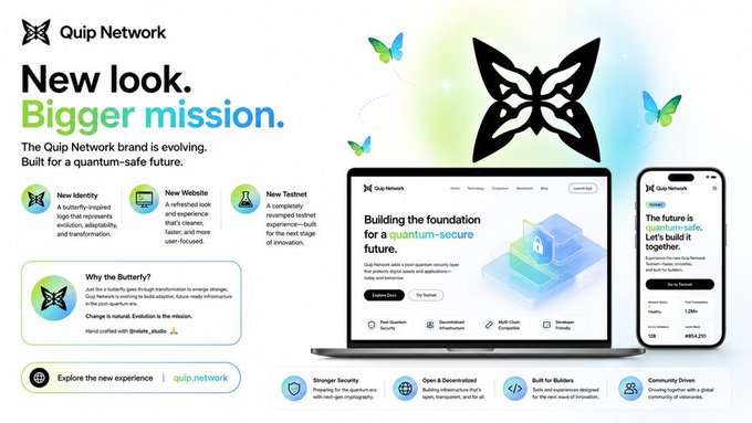 Quip Network rebranding announcement featuring a butterfly logo, laptop and phone mockups, with text 'New look. Bigger mission.' and the URL quip.network.