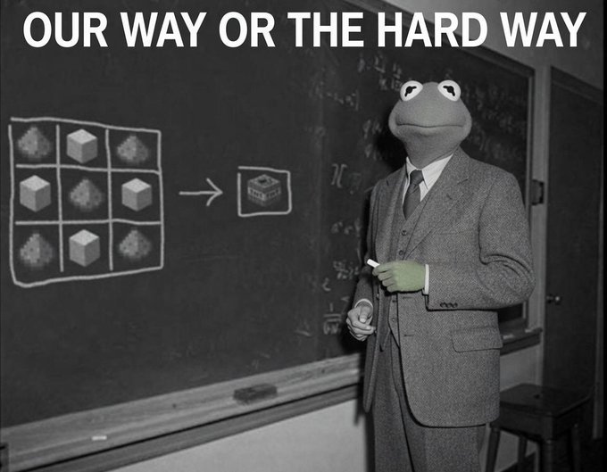 A black-and-white meme featuring Kermit the Frog dressed in a tweed suit standing in front of a chalkboard, with the text 'OUR WAY OR THE HARD WAY' at the top and diagrams drawn on the board.