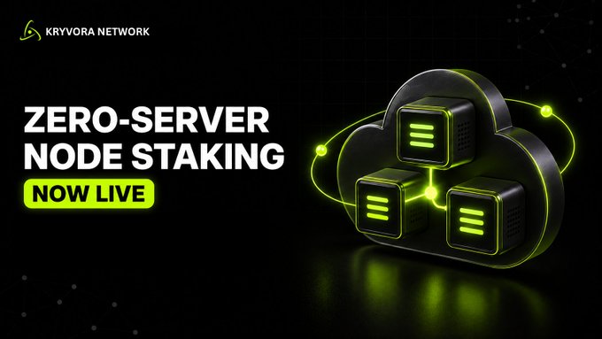 A promotional banner for 'KRYVORA NETWORK' announces 'ZERO-SERVER NODE STAKING NOW LIVE' next to a glowing cloud icon containing server blocks.